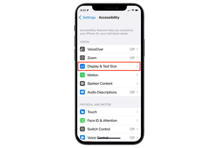 Ajuste de accesibilidad de texto y pantalla del iPhone.
