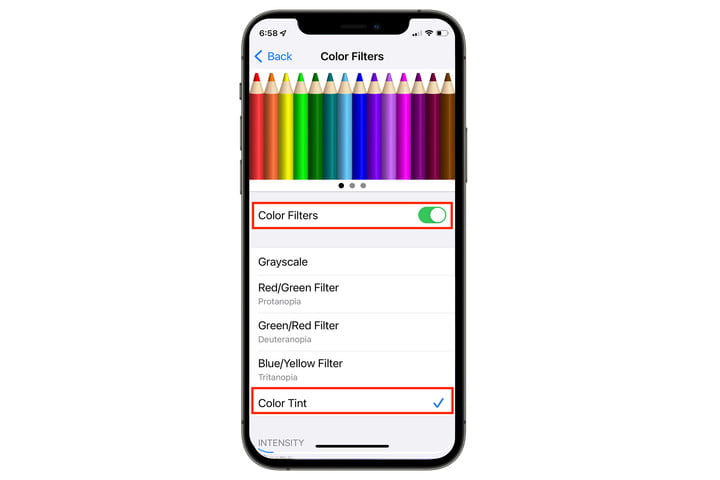 Ajuste de tinte de color de accesibilidad del iPhone.
