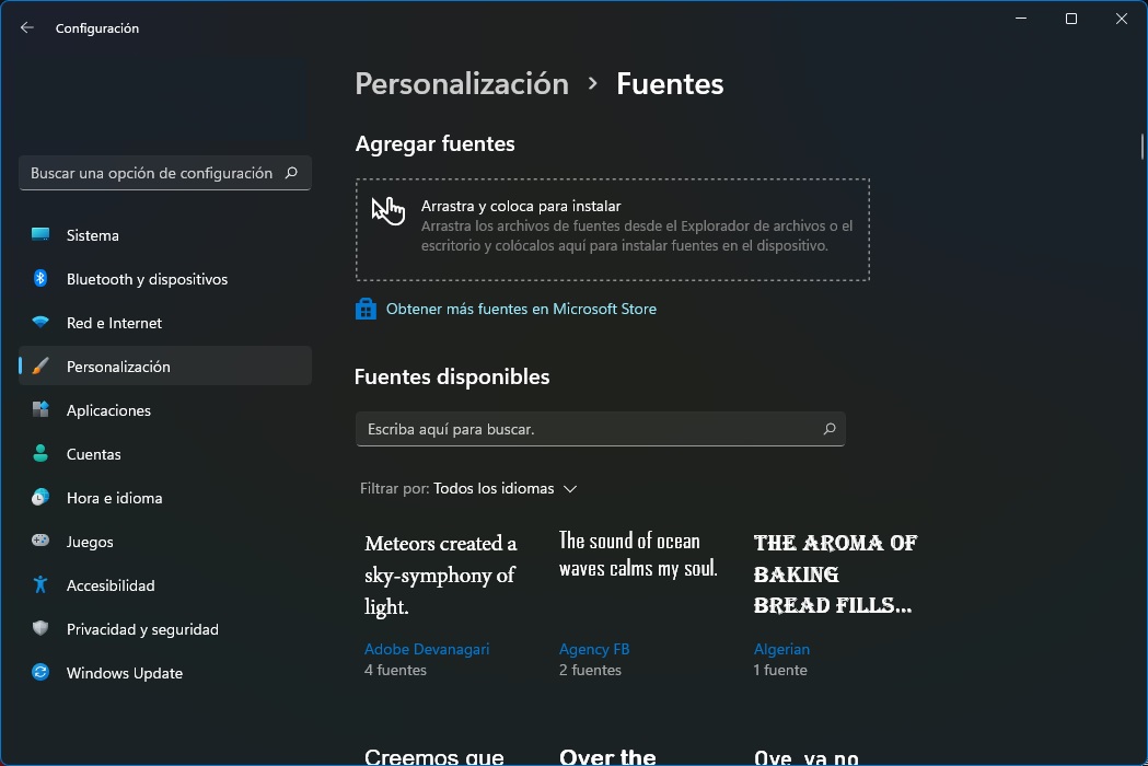 Menú Fuentes en Windows 11.