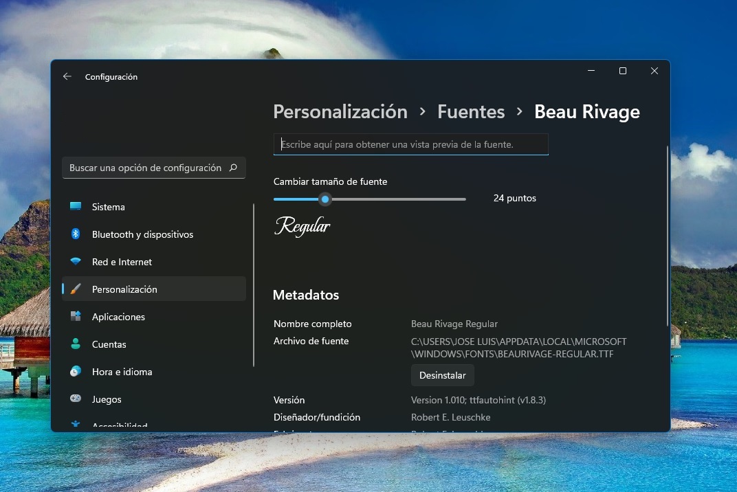 Opción para desinstalar Fuentes en Windows 11.