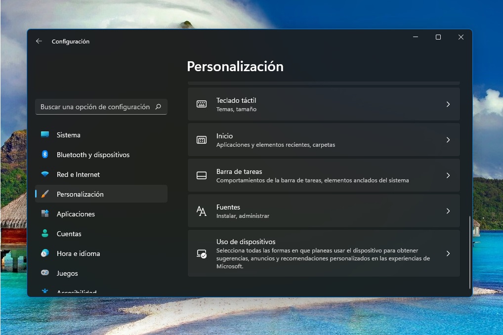 Menú Personalización en Windows 11.