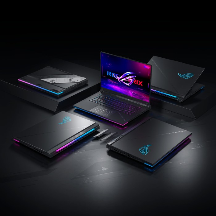 asus ces 2023 laptops rog zephyrus m16 a group photo of the scar 16  18 displayed in different positions and with angles