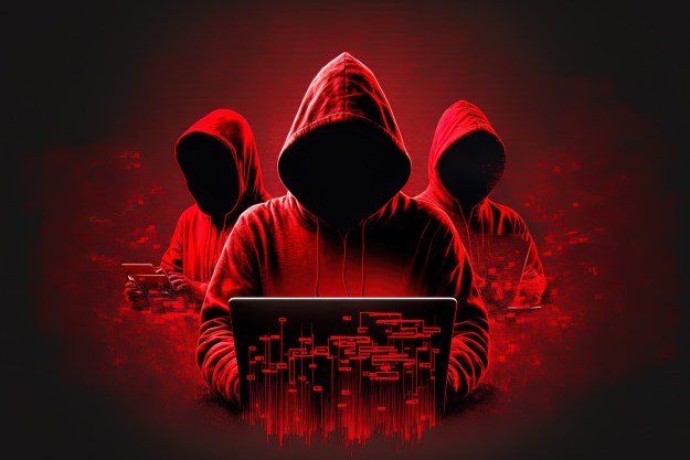 Ilustración con tres hackers sin rostro en rojo y negro.