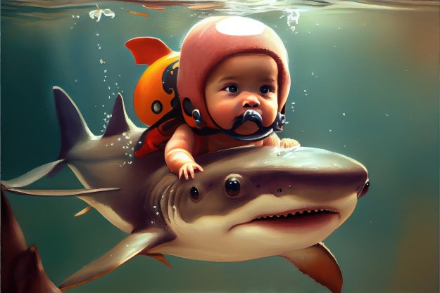 Dibujo de un bebe con traje de buceo sobre un tiburón.