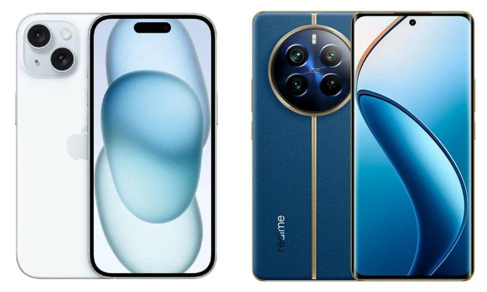 Una comparativa entre el iPhone 15 y el Realme 12 Pro Plus.